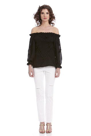 Black Slashed Frayed Peasant Top