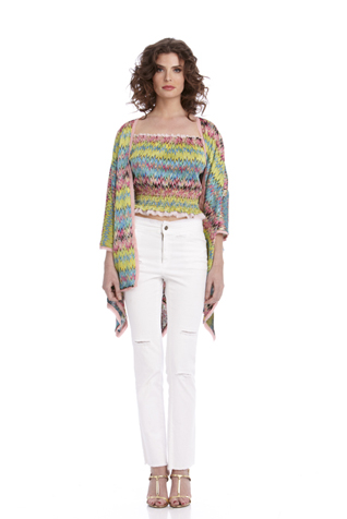 Frayed Chiffon Knit Cropped Peasant Top