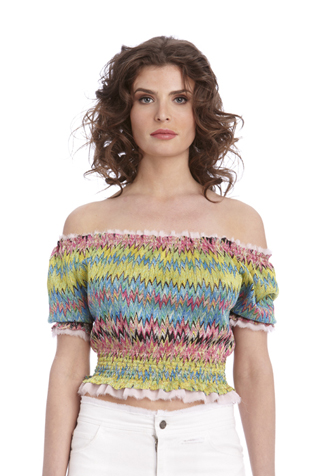 Frayed Chiffon Knit Cropped Peasant Top